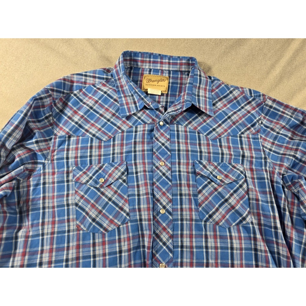 Wrangler Western Shirt Pearl Snap Mens 2XL Big Blue Plaid Long Sleeve Pockets
